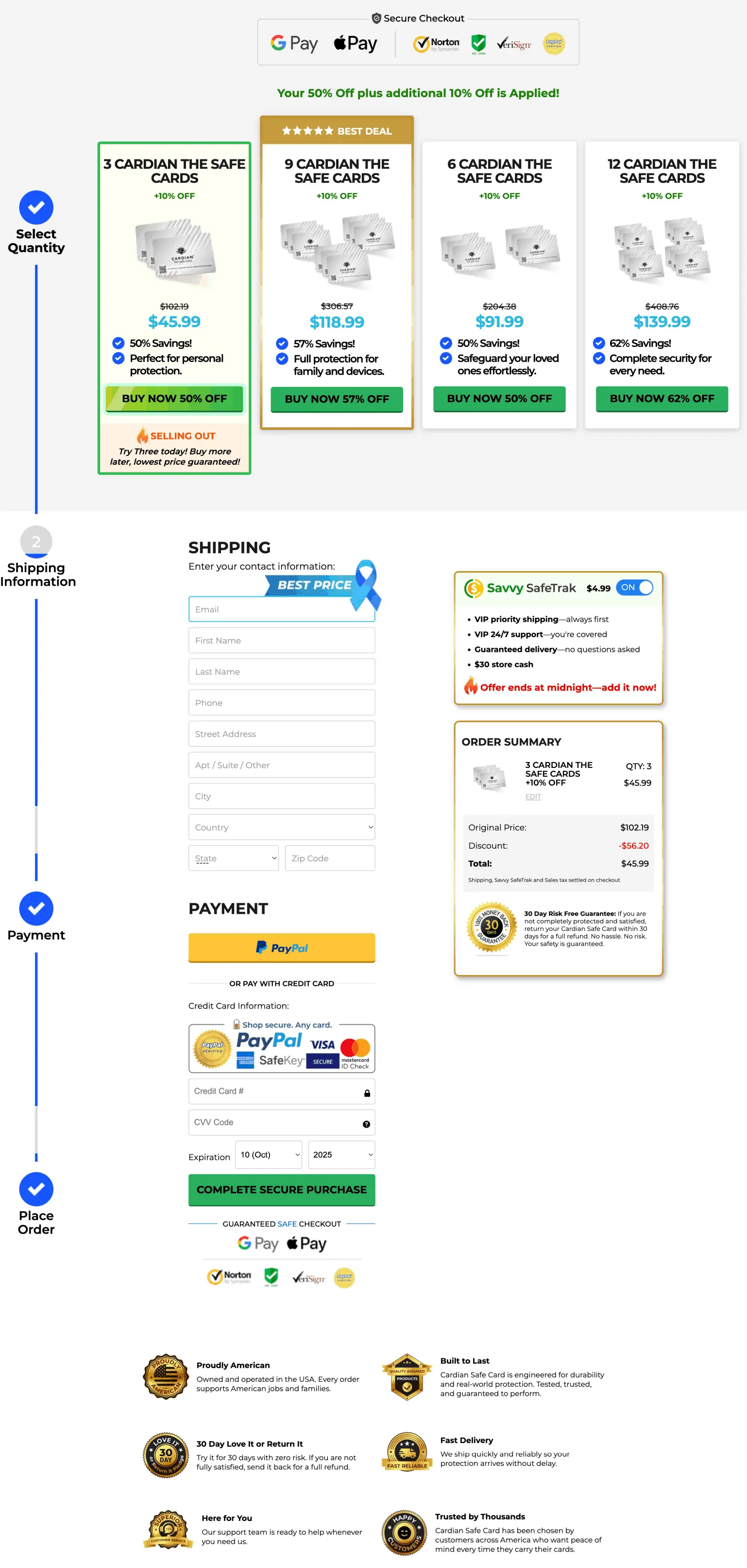 Cardian Safecard checkout page